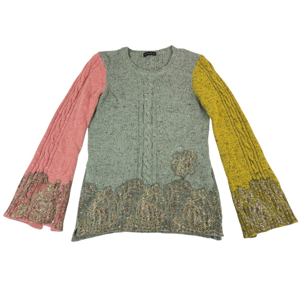 Etro Tunic Sweater Cable Knit Metallic Lace Embroidery US SZ 10 Folk Artsy Boho